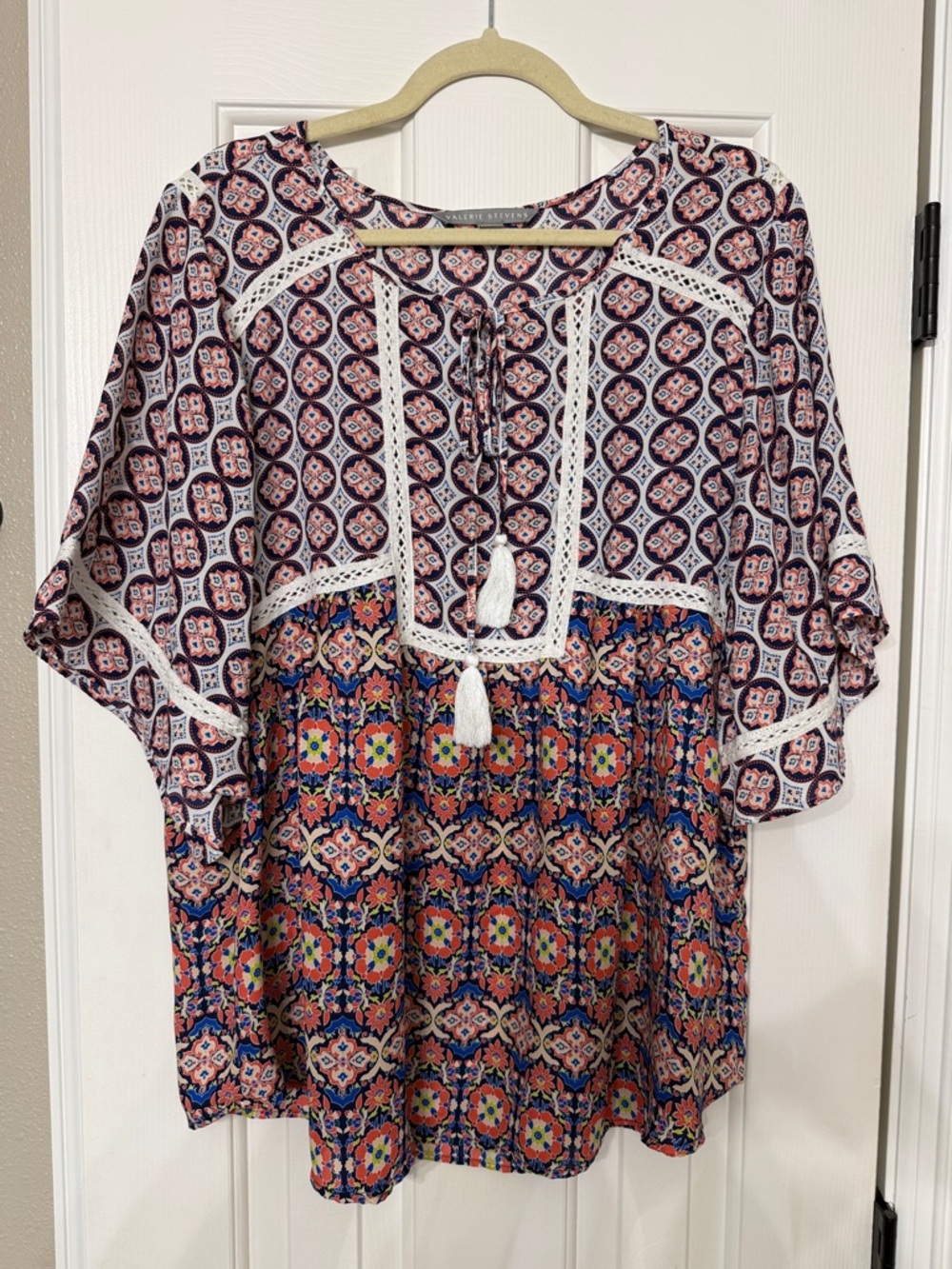 Valerie Stevens Navy and Pink Mixed-Print Tassel Tunic